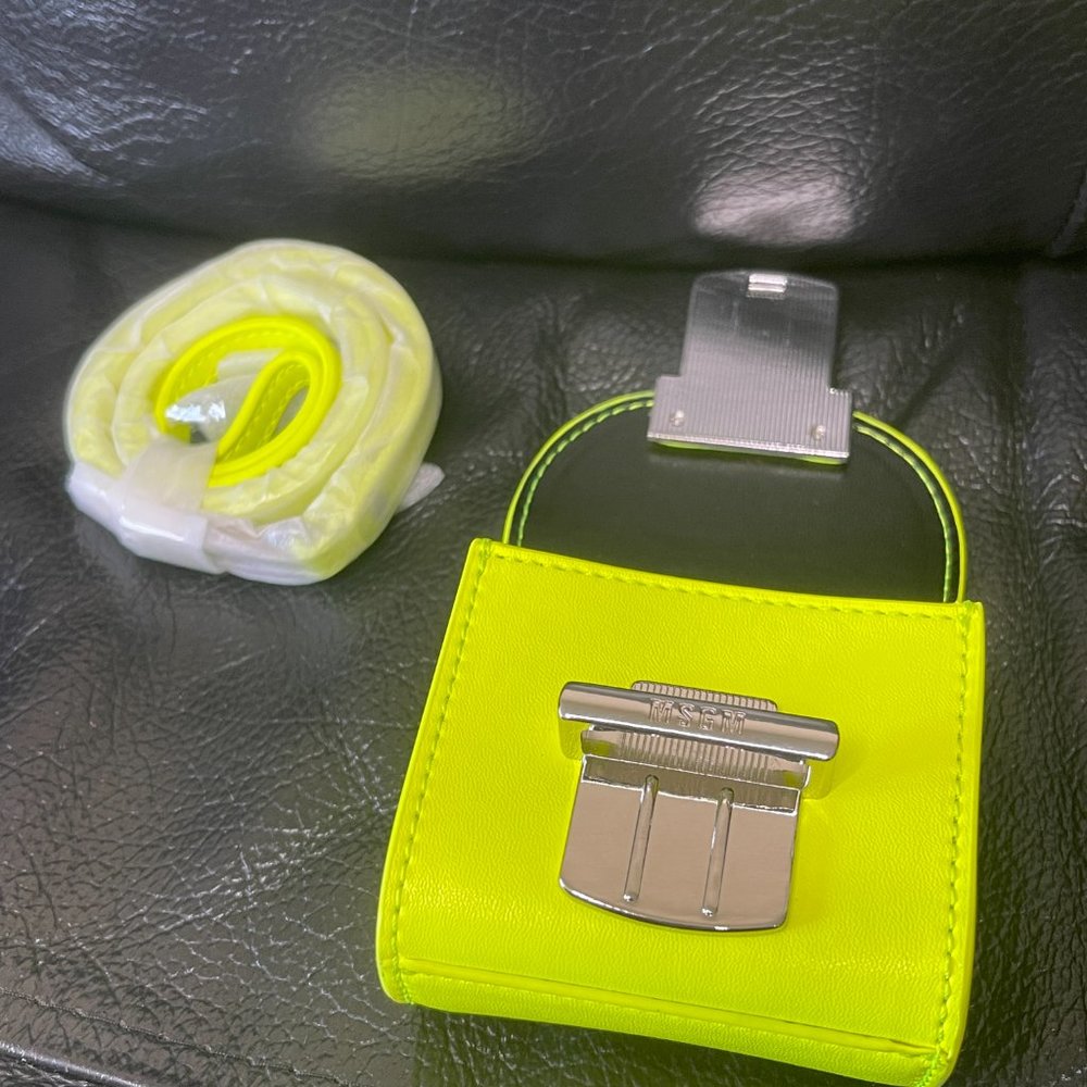 MSGM Mini Clic Leather Crossbody Bag  Neon Yellow - Picture 5 of 7